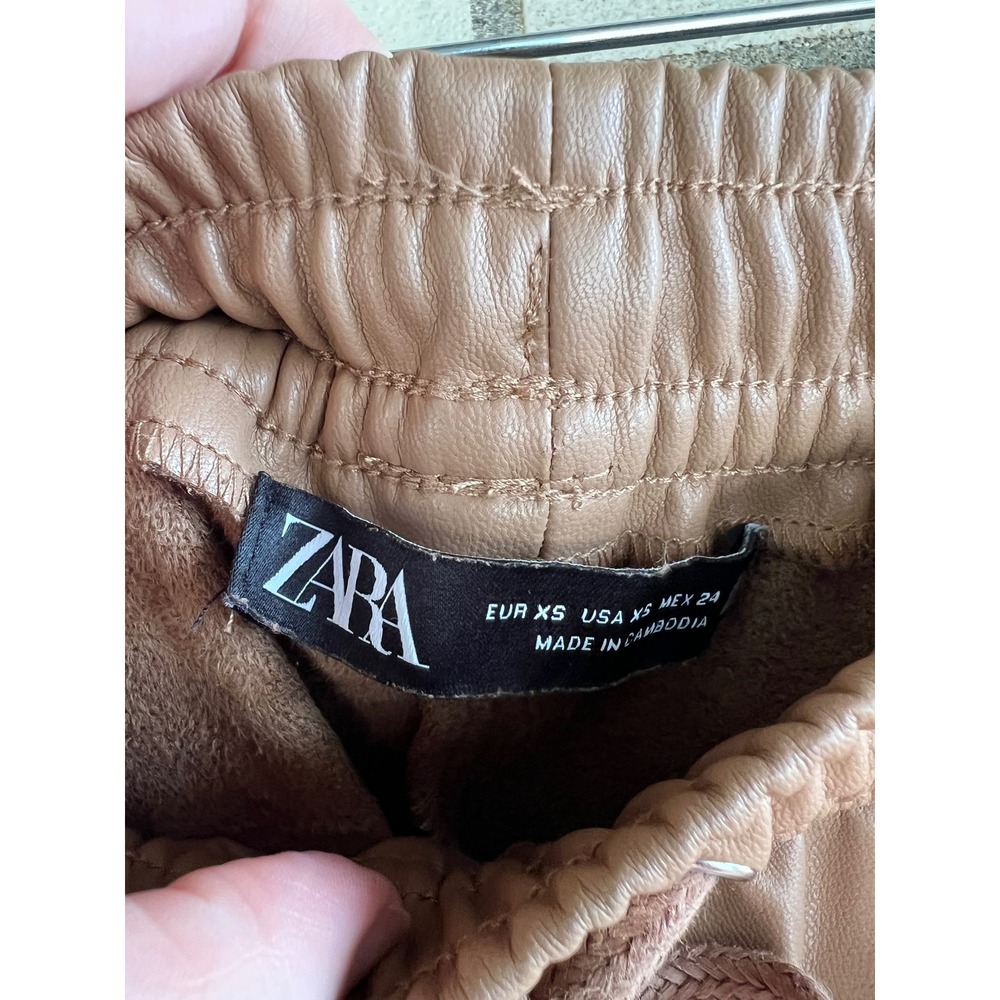 Zara Tan Faux Leather Jogger Pants Elastic Drawstring Waist Size XS Brown - Picture 2 of 4